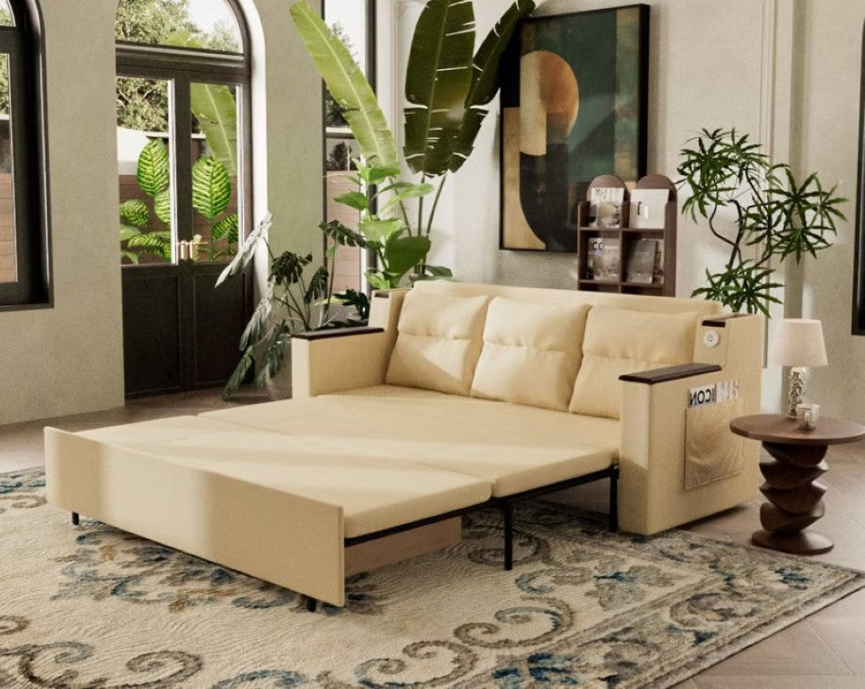 English Elm 83 Inch Faux Leather Sleeper Sofa with USB Ports and Storage for Studio Living Beige T5686S00033