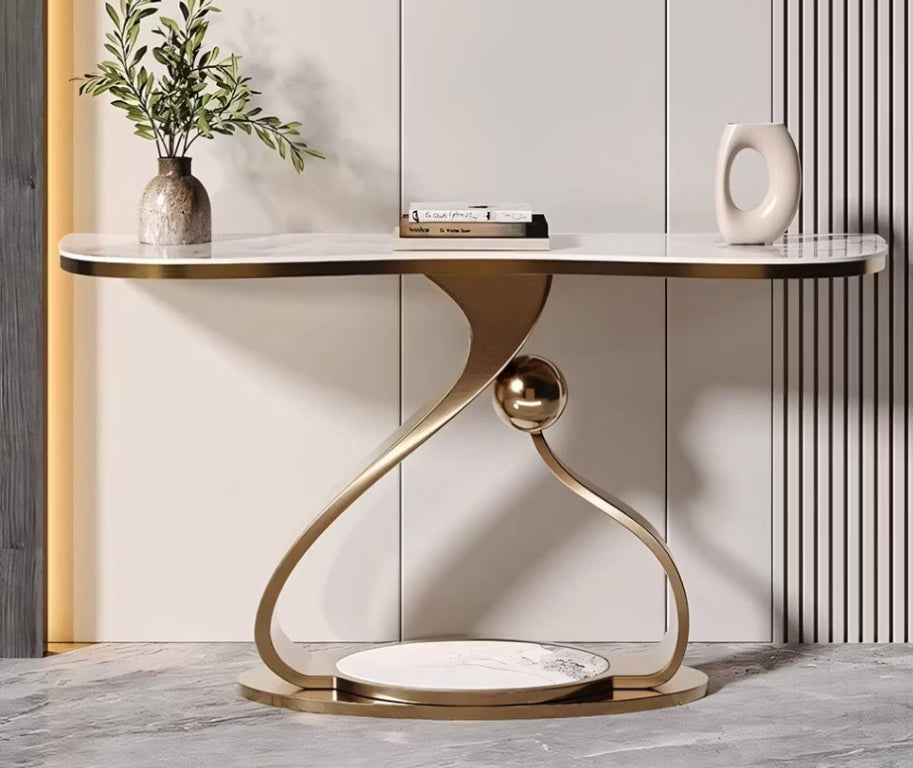 English Elm Modern Sintered Stone Console Table with Gold Sculptural Base for Entryway Decor T5686S00043