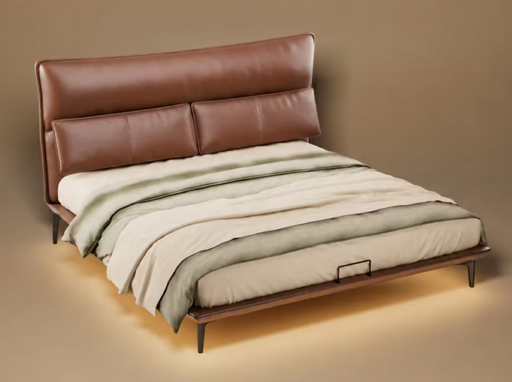 English Elm Luxury Upholstered Platform Bed with LED Glow Base and Cushioned Headboard T5686S00044