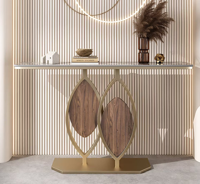 English Elm Modern Sintered Stone Console Table Sculpted Gold Base Marble Veined Entryway Accent T5686S00045