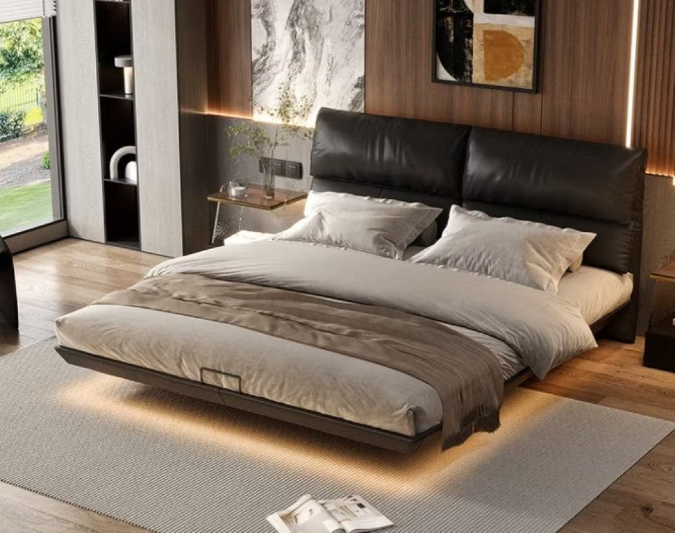 English Elm Contemporary Platform Bed with LED Underglow and Padded Upholstered Headboard T5686S00046