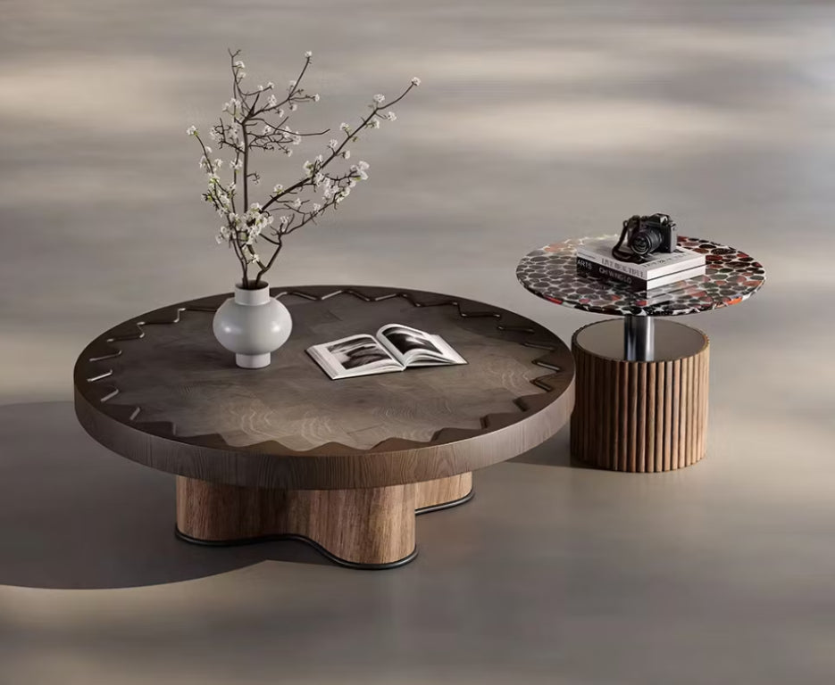 English Elm Modern Round Wood and Glass Coffee Table Set with Sculptural Pedestal Base T5686S00050