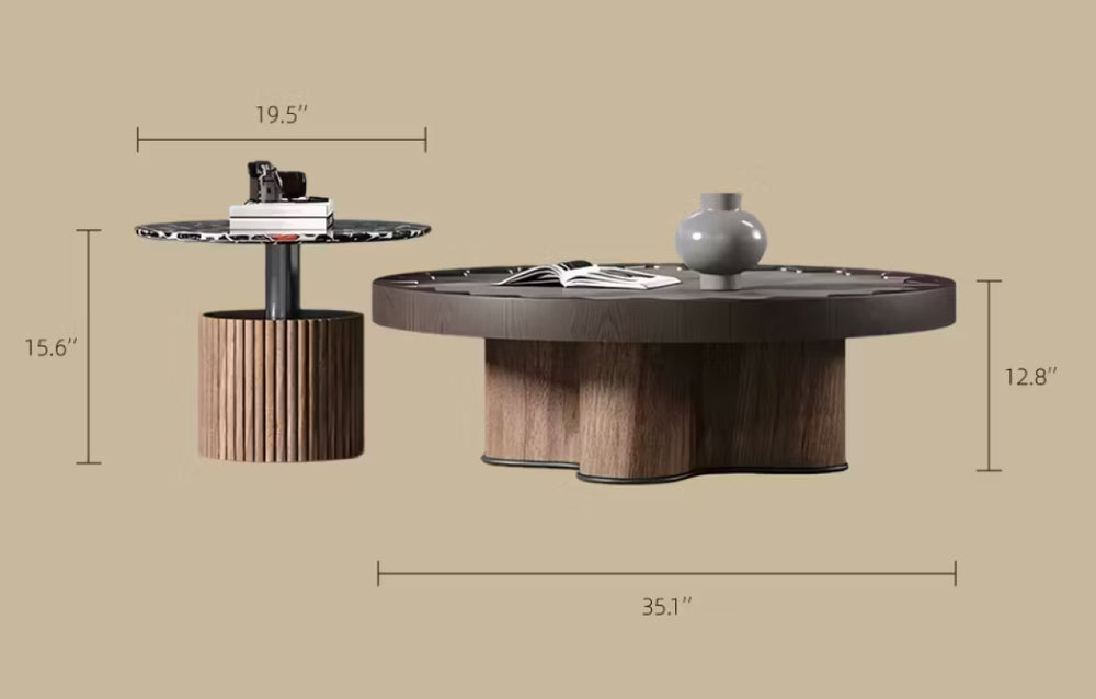 English Elm Modern Round Wood and Glass Coffee Table Set with Sculptural Pedestal Base T5686S00050