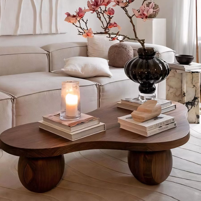 English Elm Modern Natural Wood Coffee Table with Sculptural Rounded Legs for Contemporary Living T5686S00051