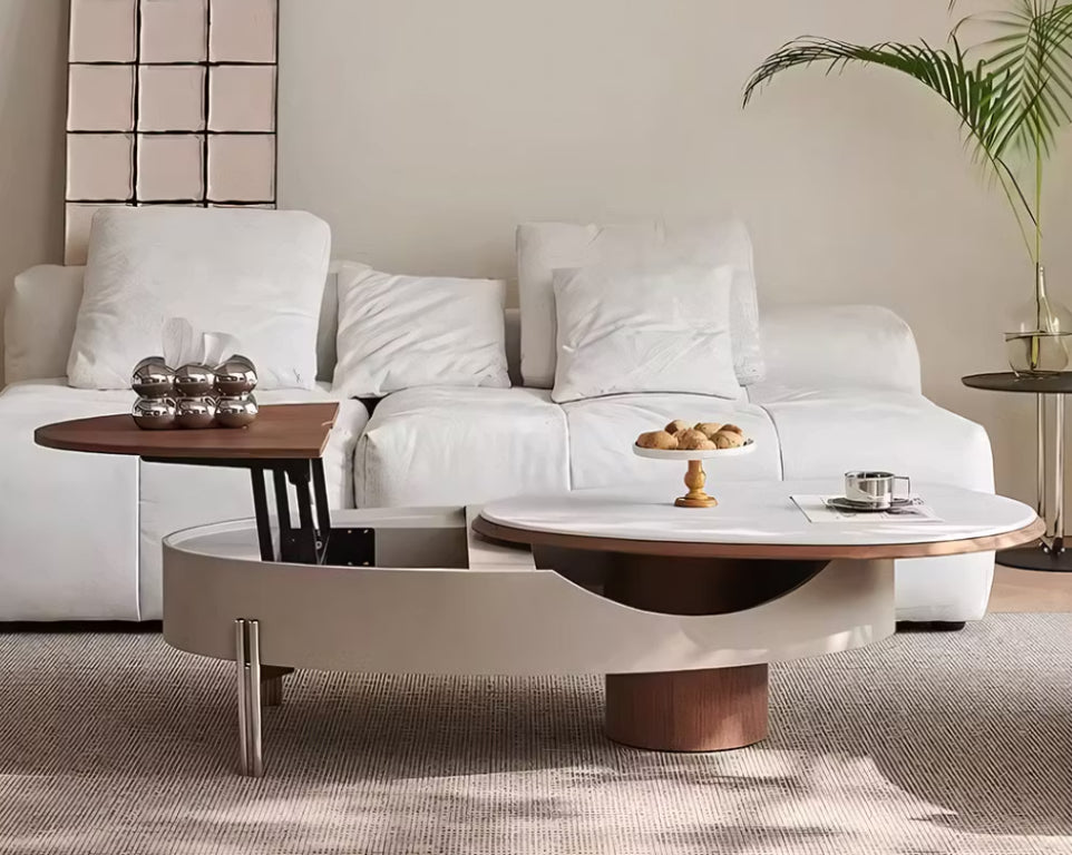 English Elm 46.8 Lift Top Coffee Table Sintered Stone Surface Sculptural Wood Base Hidden Storage T5686S00052