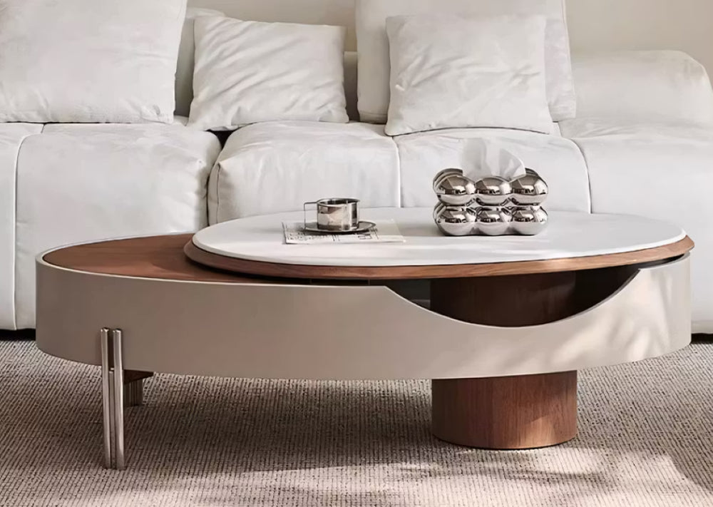 English Elm 46.8 Lift Top Coffee Table Sintered Stone Surface Sculptural Wood Base Hidden Storage T5686S00052
