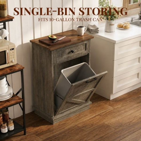 English Elm Tilt Out Trash Cabinet with Storage Drawer Freestanding 10 Gallon Kitchen Bin T5831P546578
