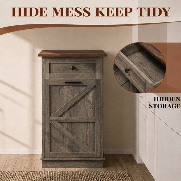 English Elm Tilt Out Trash Cabinet with Storage Drawer Freestanding 10 Gallon Kitchen Bin T5831P546578