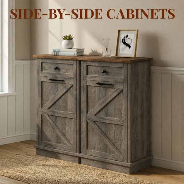 English Elm Tilt Out Trash Cabinet with Storage Drawer Freestanding 10 Gallon Kitchen Bin T5831P546578