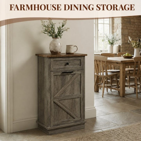 English Elm Tilt Out Trash Cabinet with Storage Drawer Freestanding 10 Gallon Kitchen Bin T5831P546578
