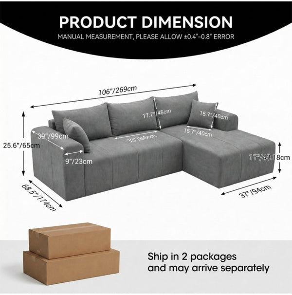 English Elm Modular Cloud Sectional Corduroy L Shape Deep Seat Memory Foam Living Room Couch T5831S00004