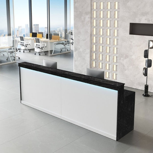 English Elm 71 Inch Modern Reception Desk with LED Base Lighting Storage Cabinet and Keyboard Tray T6026S00001