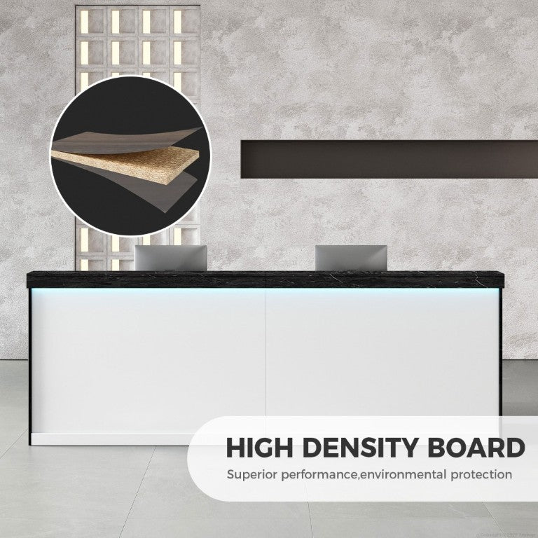 English Elm 71 Inch Modern Reception Desk with LED Base Lighting Storage Cabinet and Keyboard Tray T6026S00001
