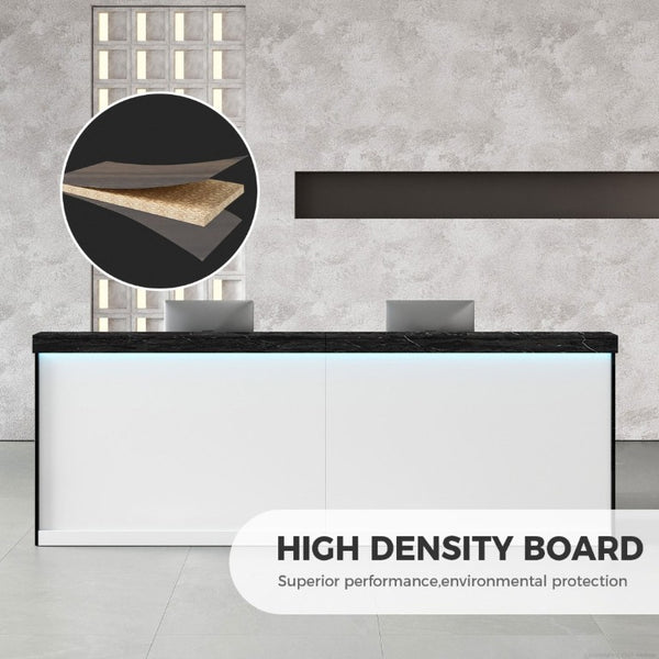 English Elm 71 Inch Modern Reception Desk with LED Base Lighting Storage Cabinet and Keyboard Tray T6026S00001