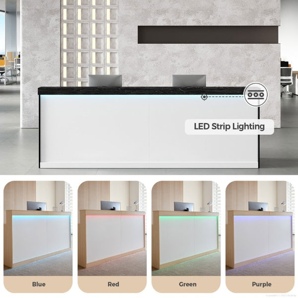 English Elm 71 Inch Modern Reception Desk with LED Base Lighting Storage Cabinet and Keyboard Tray T6026S00001