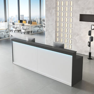 English Elm 87 Inch Reception Desk with LED Lighting Dual Surface Storage and Modern Two Tone Finish T6026S00002