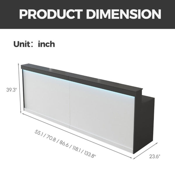 English Elm 87 Inch Reception Desk with LED Lighting Dual Surface Storage and Modern Two Tone Finish T6026S00002