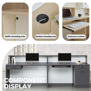 English Elm 87 Inch Reception Desk with LED Lighting Dual Surface Storage and Modern Two Tone Finish T6026S00002