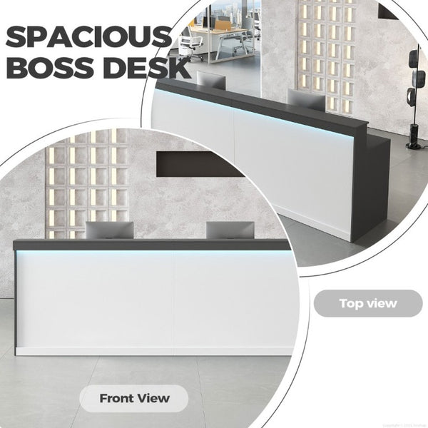 English Elm 87 Inch Reception Desk with LED Lighting Dual Surface Storage and Modern Two Tone Finish T6026S00002