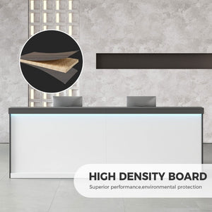 English Elm 87 Inch Reception Desk with LED Lighting Dual Surface Storage and Modern Two Tone Finish T6026S00002
