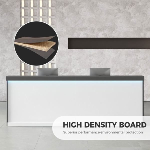 English Elm 87 Inch Reception Desk with LED Lighting Dual Surface Storage and Modern Two Tone Finish T6026S00002