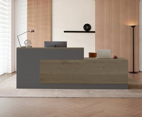 English Elm 79 Inch L-Shaped Reception Desk with Raised Counter Open Shelving and Lockable Storage T6026S00003