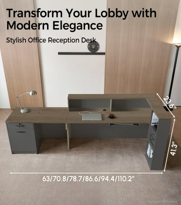 English Elm 79 Inch L-Shaped Reception Desk with Raised Counter Open Shelving and Lockable Storage T6026S00003
