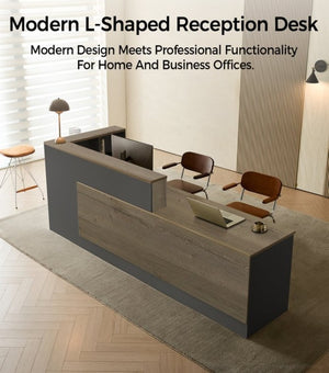English Elm 79 Inch L-Shaped Reception Desk with Raised Counter Open Shelving and Lockable Storage T6026S00003