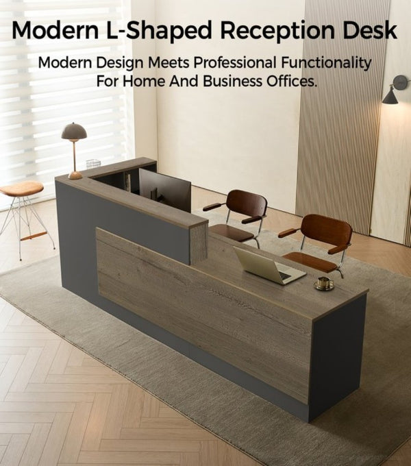 English Elm 79 Inch L-Shaped Reception Desk with Raised Counter Open Shelving and Lockable Storage T6026S00003