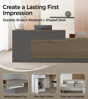 English Elm 79 Inch L-Shaped Reception Desk with Raised Counter Open Shelving and Lockable Storage T6026S00003