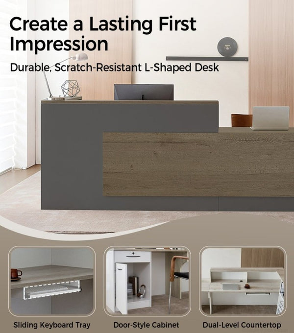 English Elm 79 Inch L-Shaped Reception Desk with Raised Counter Open Shelving and Lockable Storage T6026S00003