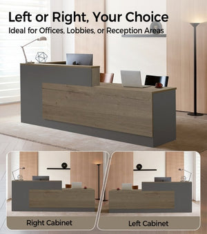 English Elm 79 Inch L-Shaped Reception Desk with Raised Counter Open Shelving and Lockable Storage T6026S00003
