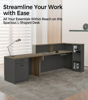 English Elm 79 Inch L-Shaped Reception Desk with Raised Counter Open Shelving and Lockable Storage T6026S00003