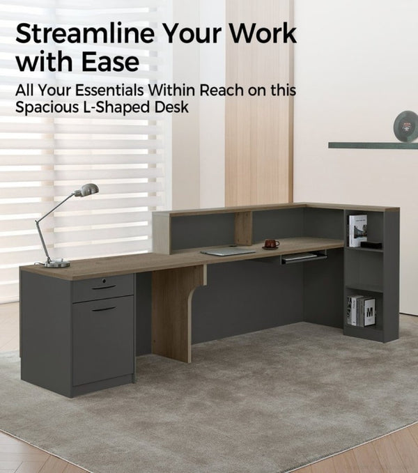 English Elm 79 Inch L-Shaped Reception Desk with Raised Counter Open Shelving and Lockable Storage T6026S00003