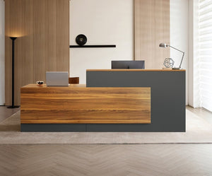 English Elm 87 Inch L Shaped Reception Desk with Raised Counter Walnut Finish and Lockable Storage T6026S00004