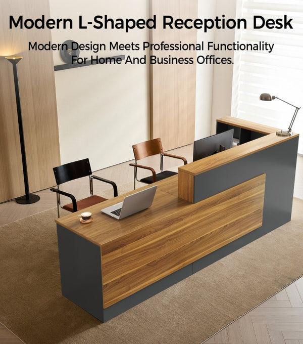 English Elm 87 Inch L Shaped Reception Desk with Raised Counter Walnut Finish and Lockable Storage T6026S00004