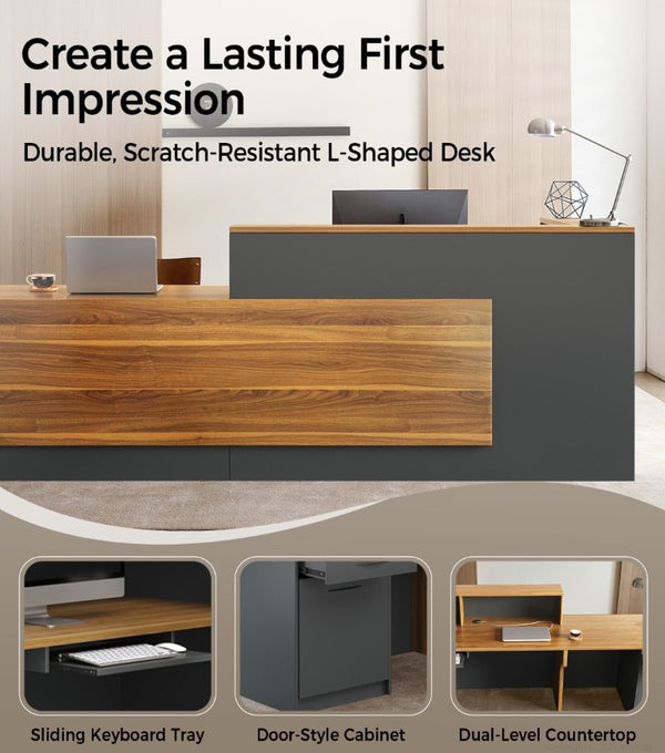 English Elm 87 Inch L Shaped Reception Desk with Raised Counter Walnut Finish and Lockable Storage T6026S00004