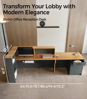 English Elm 87 Inch L Shaped Reception Desk with Raised Counter Walnut Finish and Lockable Storage T6026S00004