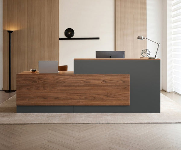 English Elm 87 Inch L Shaped Reception Desk with Lockable Drawer Open Shelves and Modern Storage T6026S00005