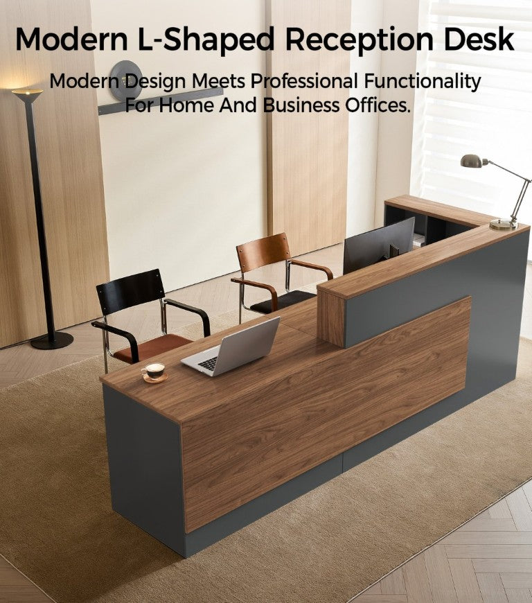 English Elm 87 Inch L Shaped Reception Desk with Lockable Drawer Open Shelves and Modern Storage T6026S00005