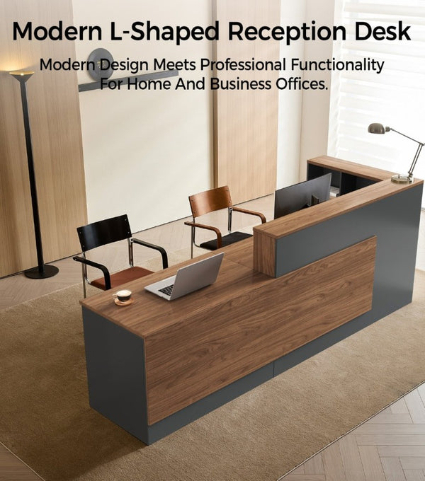 English Elm 87 Inch L Shaped Reception Desk with Lockable Drawer Open Shelves and Modern Storage T6026S00005