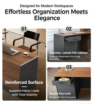 English Elm 87 Inch L Shaped Reception Desk with Lockable Drawer Open Shelves and Modern Storage T6026S00005