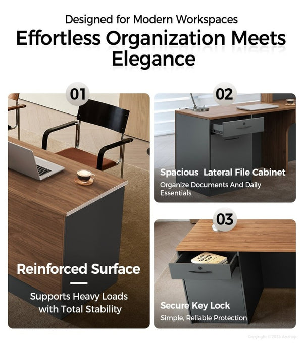 English Elm 87 Inch L Shaped Reception Desk with Lockable Drawer Open Shelves and Modern Storage T6026S00005