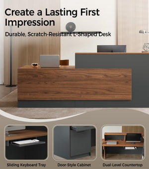 English Elm 87 Inch L Shaped Reception Desk with Lockable Drawer Open Shelves and Modern Storage T6026S00005