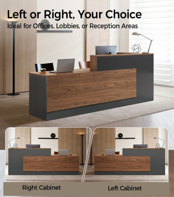 English Elm 87 Inch L Shaped Reception Desk with Lockable Drawer Open Shelves and Modern Storage T6026S00005