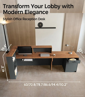 English Elm 87 Inch L Shaped Reception Desk with Lockable Drawer Open Shelves and Modern Storage T6026S00005