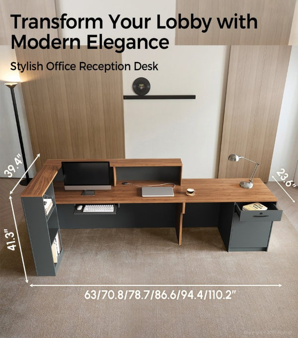English Elm 87 Inch L Shaped Reception Desk with Lockable Drawer Open Shelves and Modern Storage T6026S00005