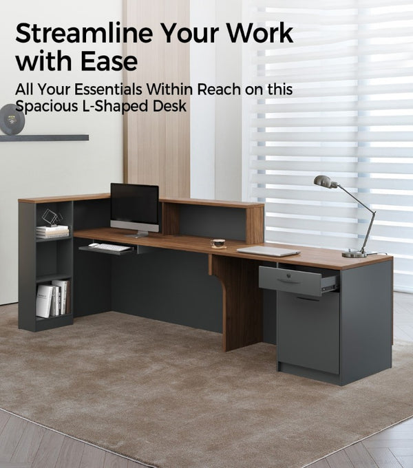 English Elm 87 Inch L Shaped Reception Desk with Lockable Drawer Open Shelves and Modern Storage T6026S00005