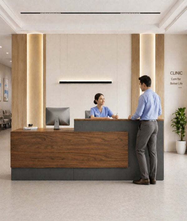 English Elm 87 Inch L Shaped Reception Desk with Lockable Drawer Open Shelves and Modern Storage T6026S00005