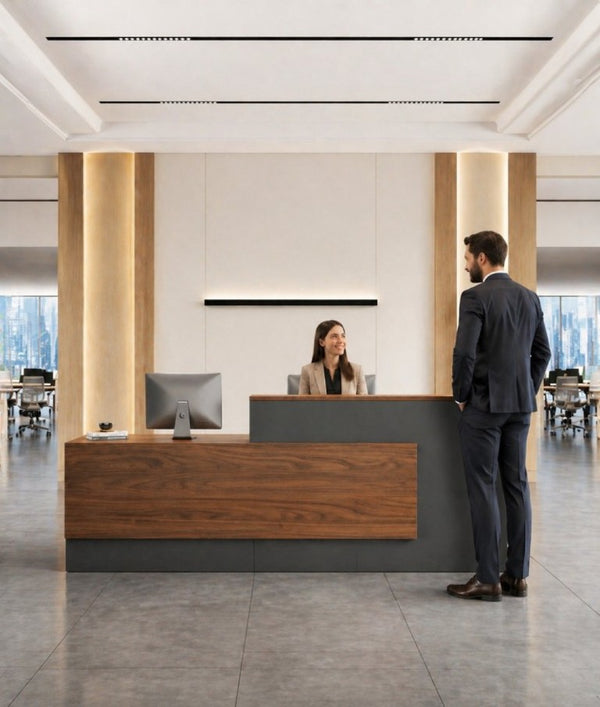 English Elm 87 Inch L Shaped Reception Desk with Lockable Drawer Open Shelves and Modern Storage T6026S00005